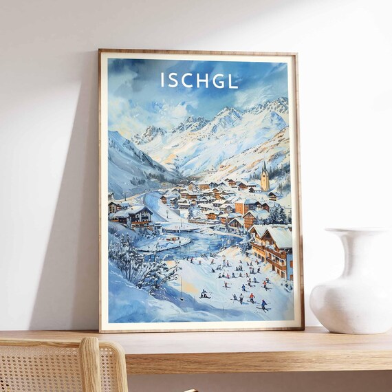 Ischgl Austria Church Spire Village Skiers Piste Winter Poster