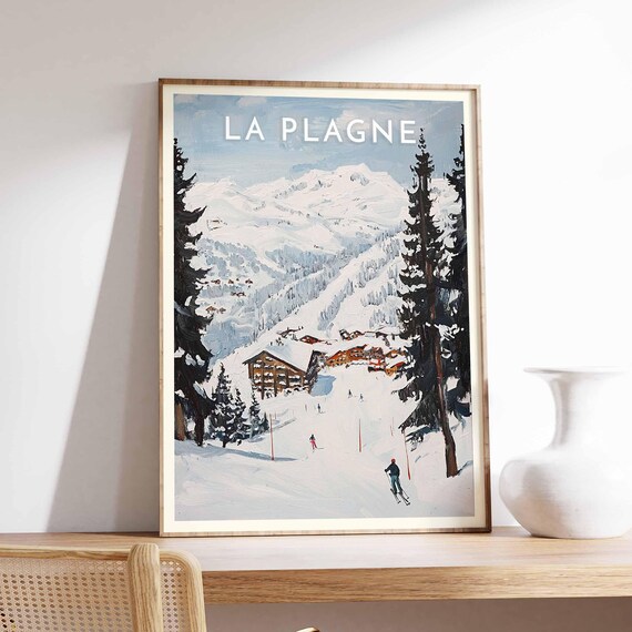 La Plagne Alpine Chalet Poster with Skiers on Snowy Pine Slopes