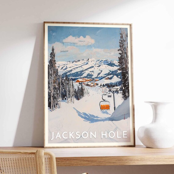 Jackson Hole Orange Chairlift Poster over Snowy Slopes and Blue Sky