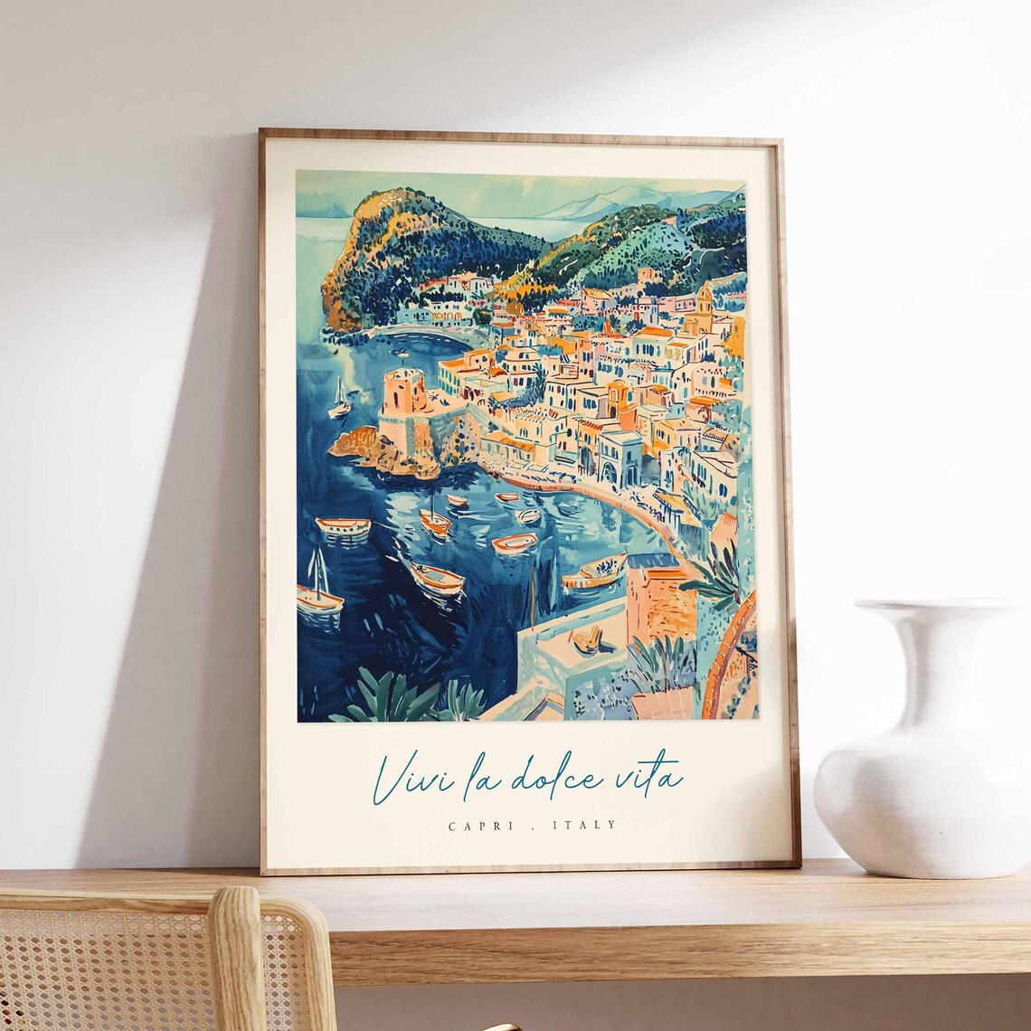 Vivi la Dolce Vita Capri Italy Harbor Boats Town View Poster