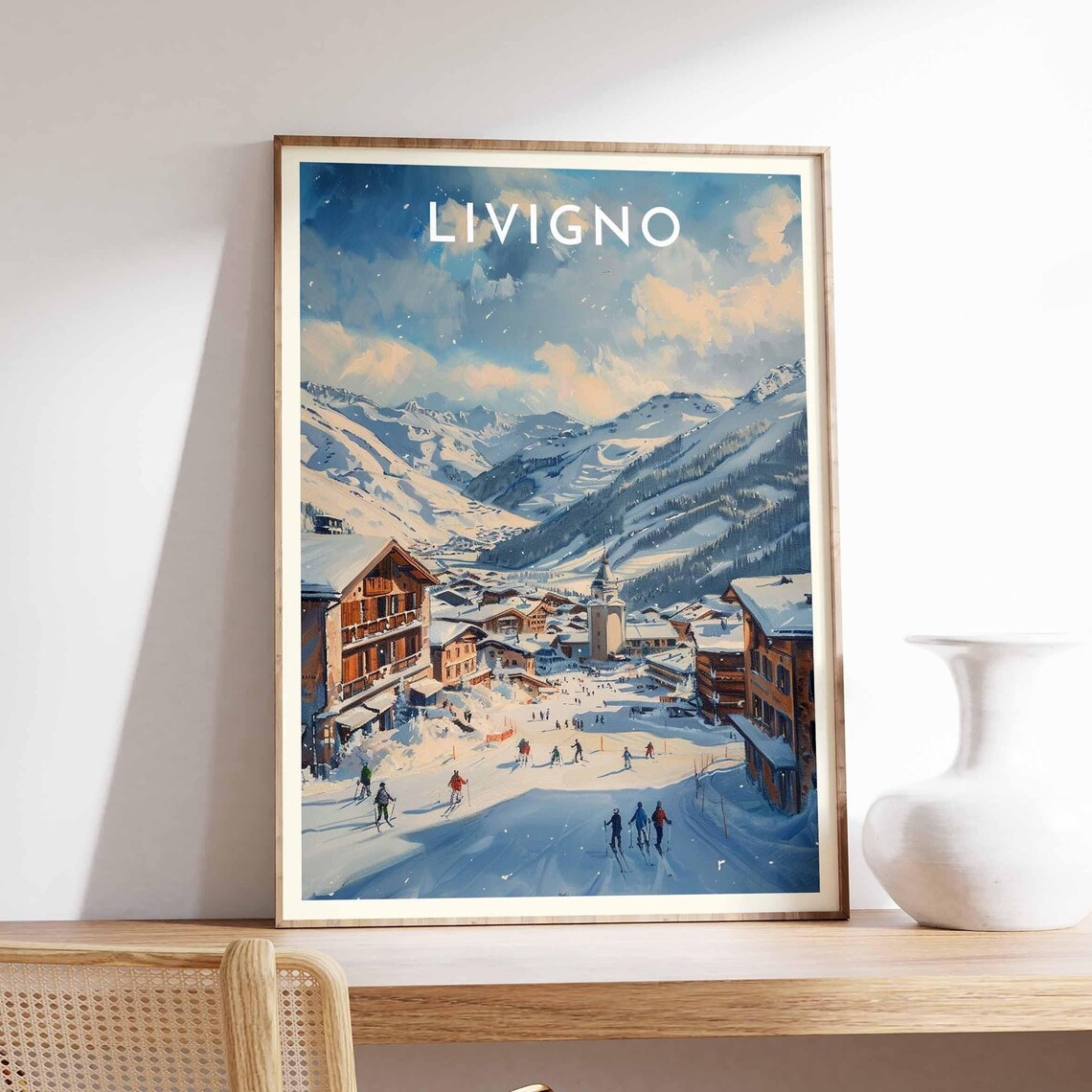 Livigno Village Street Church Tower Skiers Snow Scene Poster