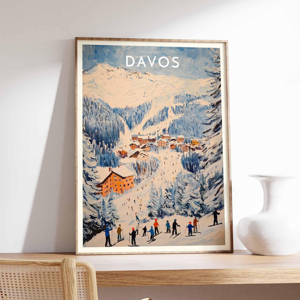 Davos Skiers Gathering at Orange Chalet Snowy Mountainside Fun Poster