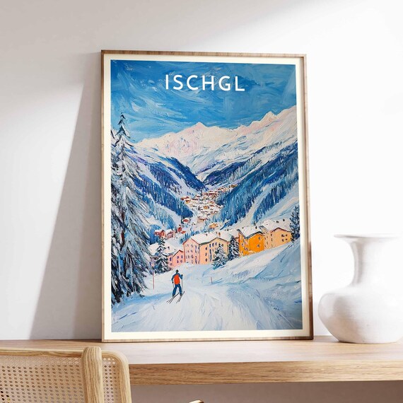 Ischgl Austria Lone Skier Poster with Colorful Alpine Village Below