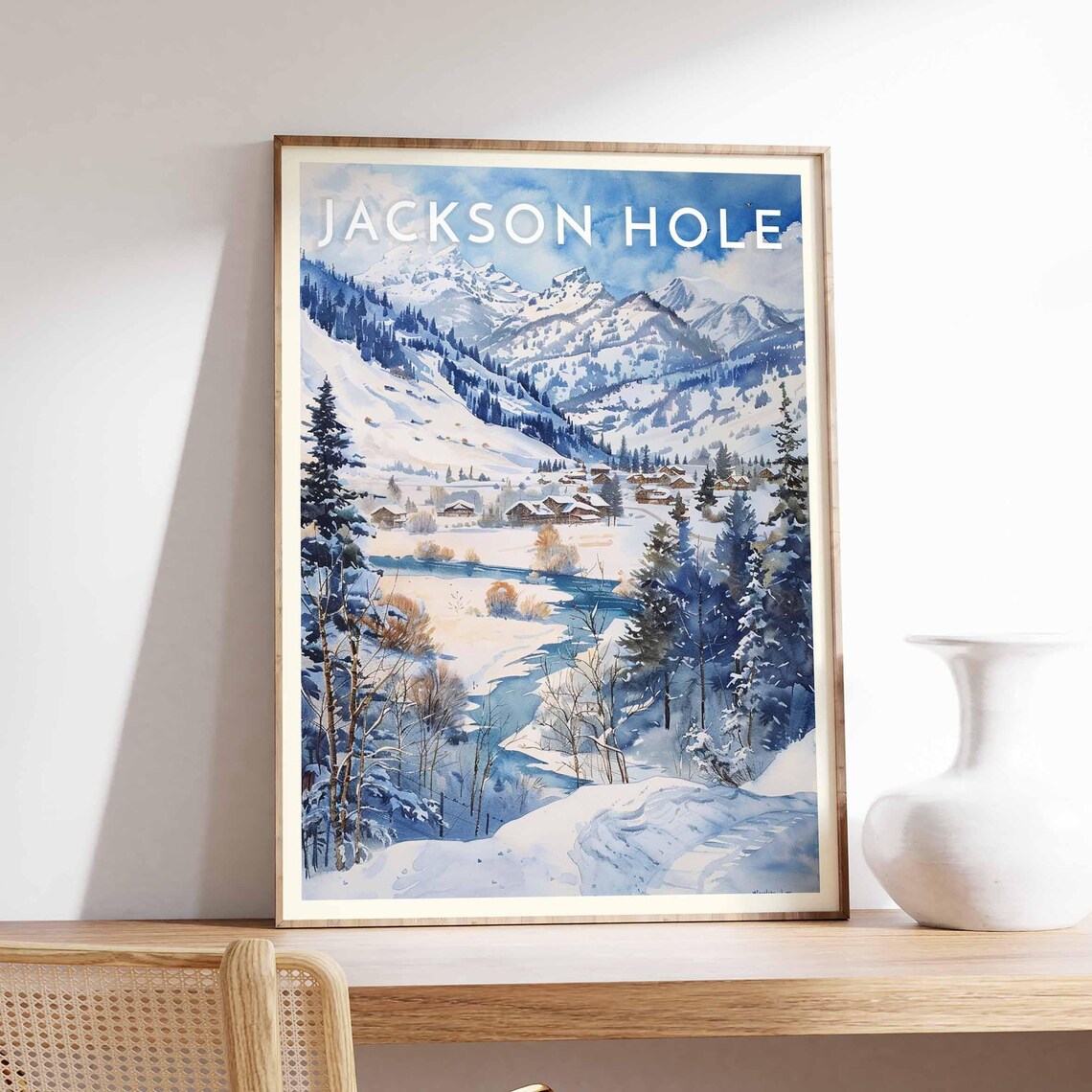 Jackson Hole Winter Creek Poster with Snowy Mountain Valley Watercolor