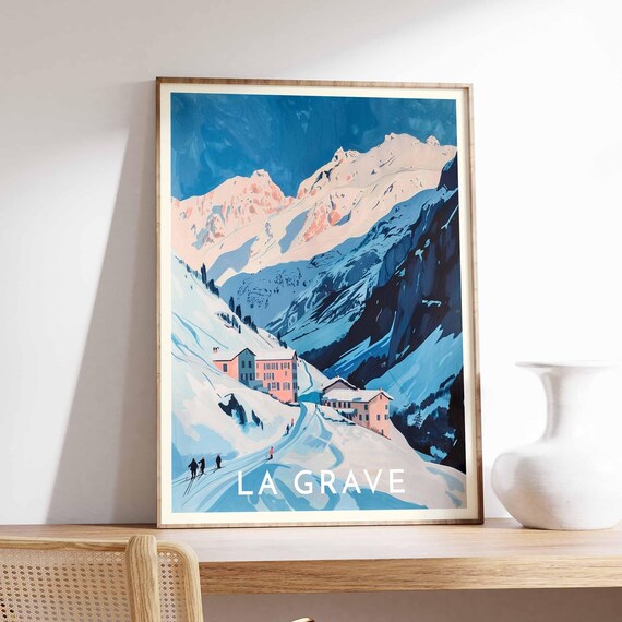 La Grave Mountain Huts Poster with Skiers under Pink Snowy Peaks