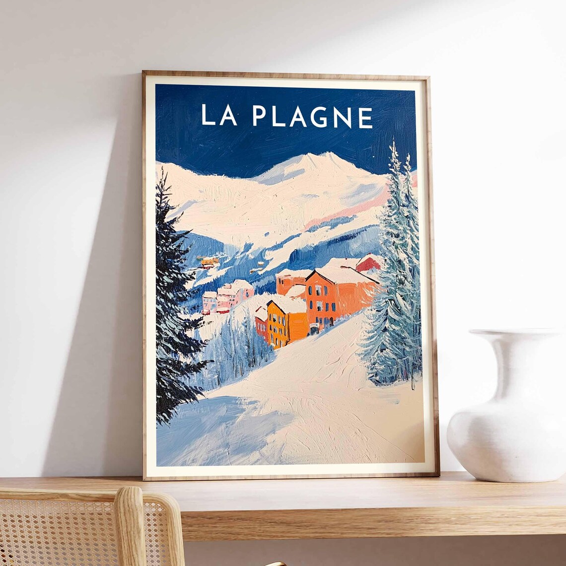 La Plagne Village Among Pines Poster under Deep Blue Alpine Sky