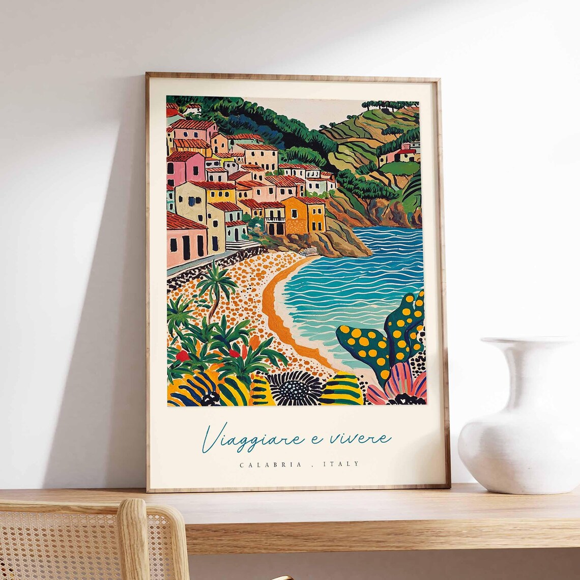 Viaggiare e Vivere Calabria Italy Naive Folk Beach Art Poster
