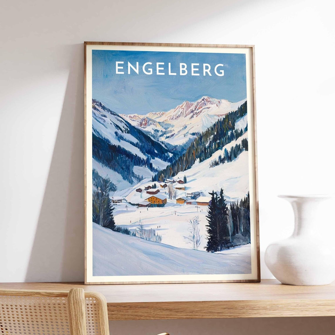 Engelberg Swiss Winter Snowy Valley Chalets Forest Slopes Poster