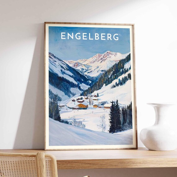 Engelberg Swiss Winter Snowy Valley Chalets Forest Slopes Poster