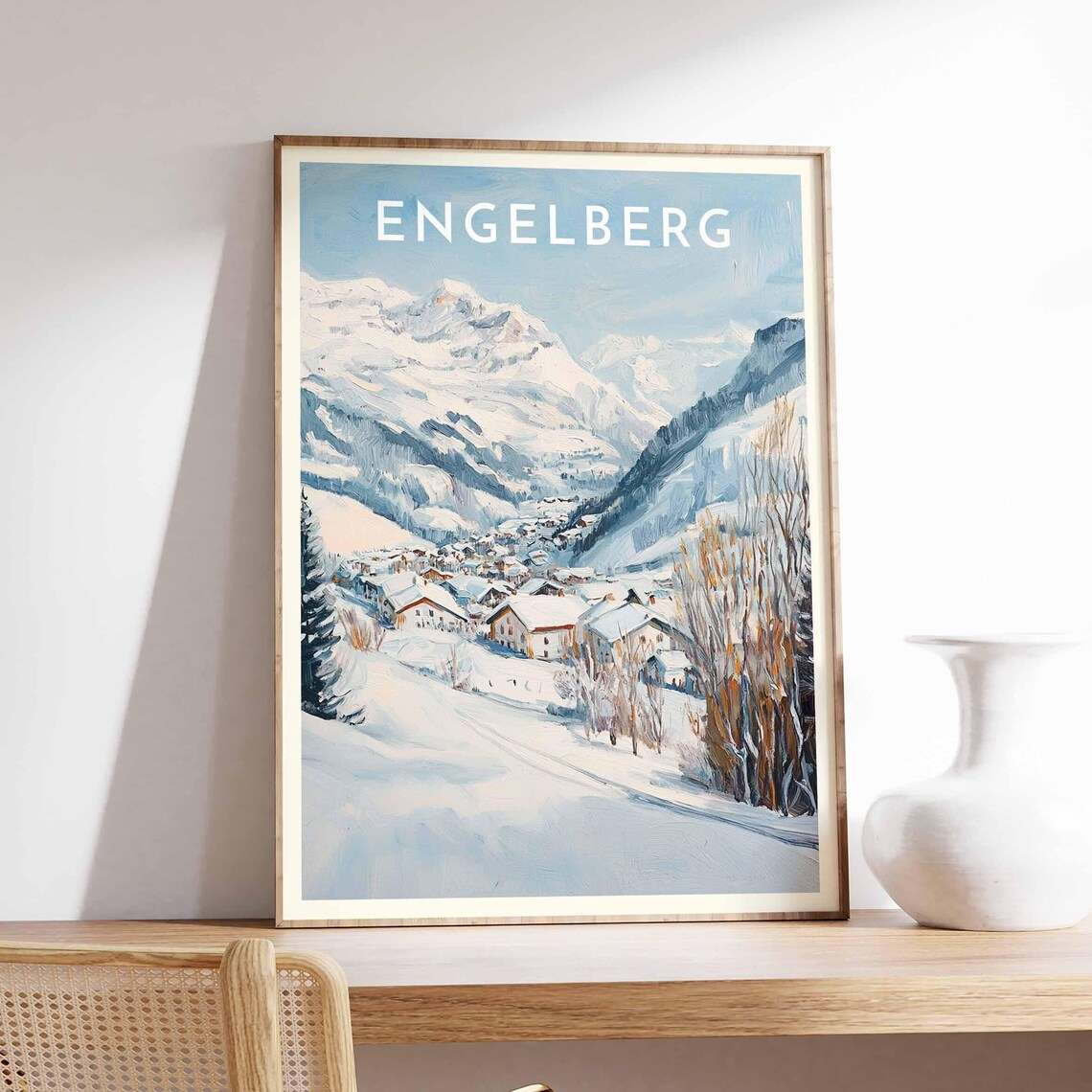 Engelberg Swiss Village Panorama Golden Trees Peaks Winter Poster