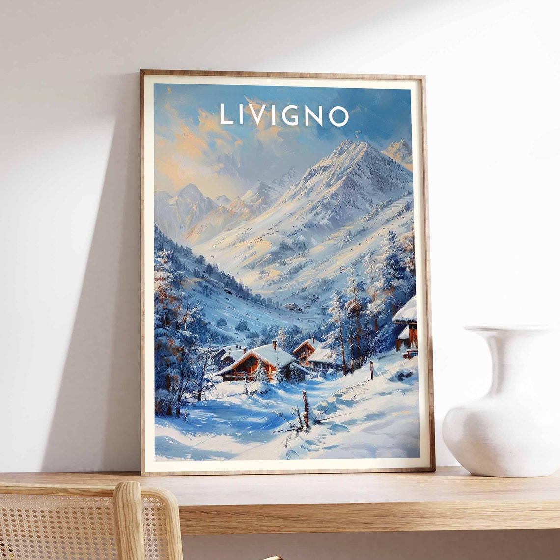 Livigno Italy Retro Snowy Chalet Alpine Golden Sunrise Poster