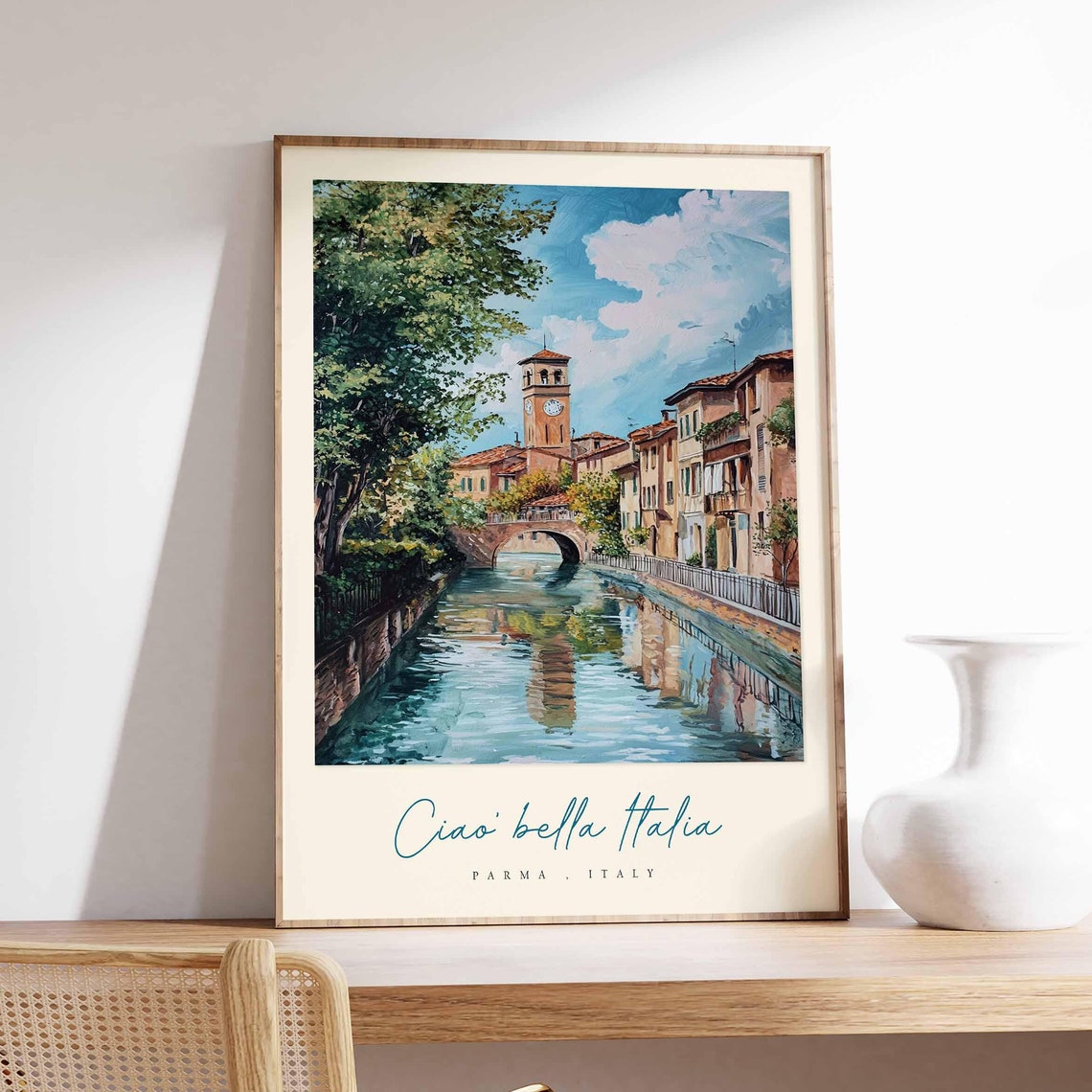 Parma Italy Scenic Canal Bridge Clock Tower Scene Travel Poster