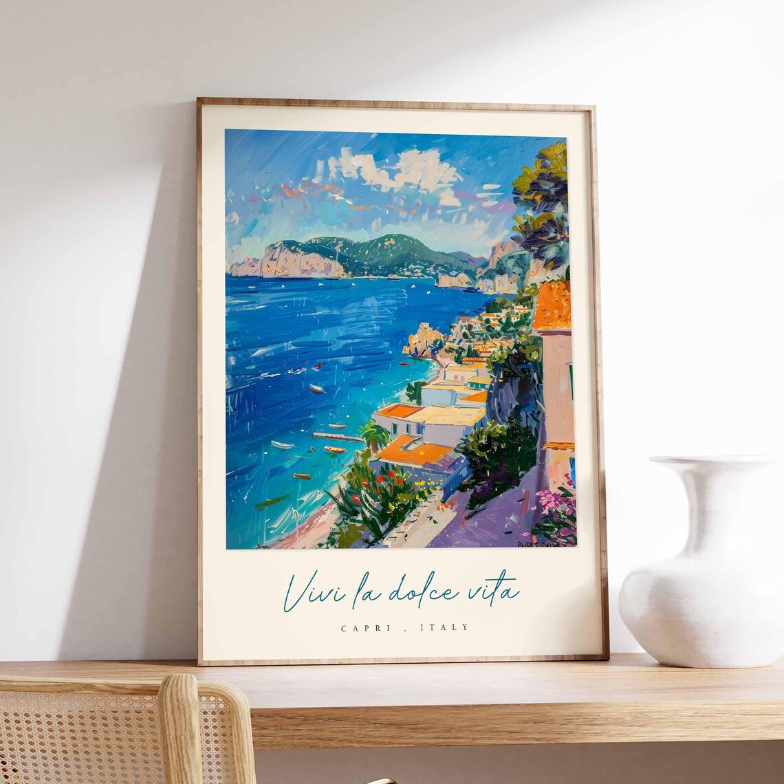 Vivi la Dolce Vita Capri Italy Cliffside Town Boats Sea Poster