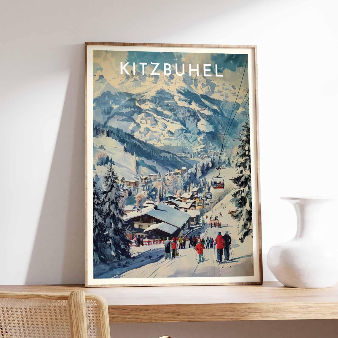 Kitzbuhel Austria Painterly Gondola Station Skiers Vintage Poster