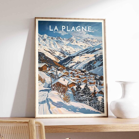La Plagne Snowy Ridges Poster with Alpine Village Watercolor Scene