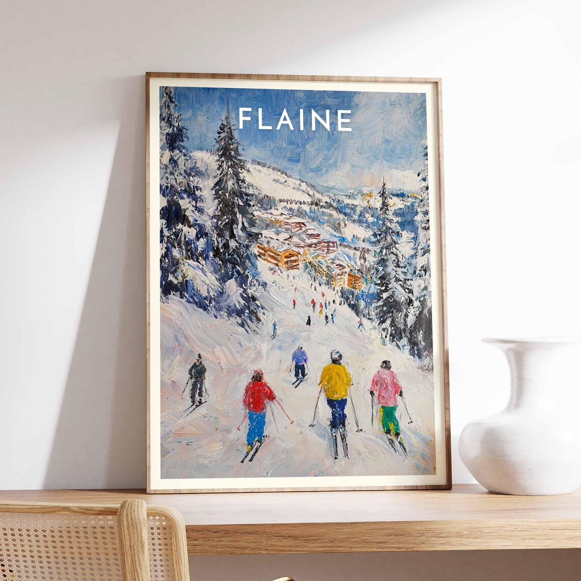 Flaine Skiers Descending Snowy Pines Slopes Winter Travel Poster