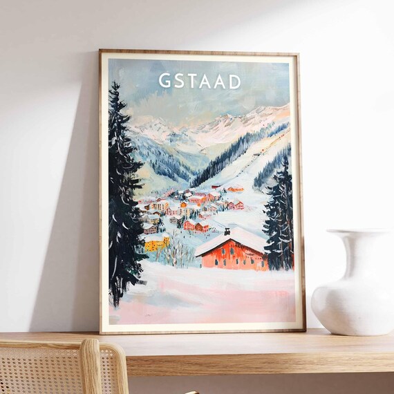 Gstaad Swiss Alpine Village Red Chalet Winter Snow Scene Poster