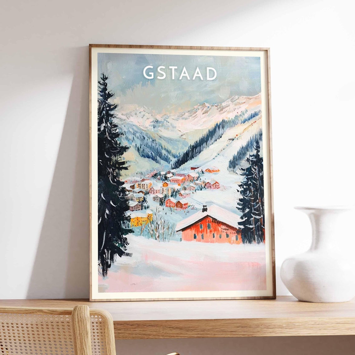 Gstaad Swiss Alpine Village Red Chalet Winter Snow Scene Poster