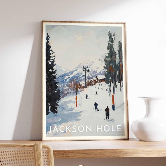 Jackson Hole Chairlift and Skiers Poster in Painterly Mountain Style