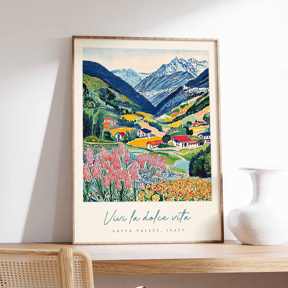 Aosta Valley Folk Art Valley Village Pink Flowers Travel Poster
