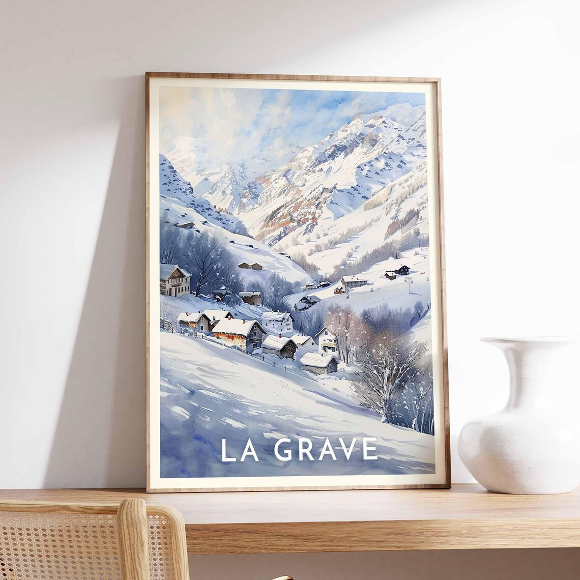 La Grave Quiet Snowy Village Poster in Soft Winter Watercolor
