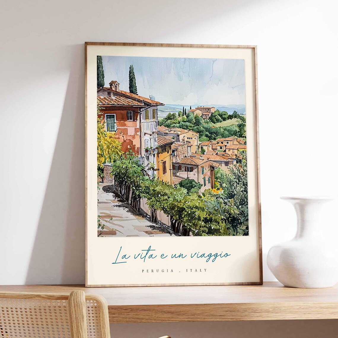 Perugia Hillside Village Vineyards Watercolor Italy Travel Poster