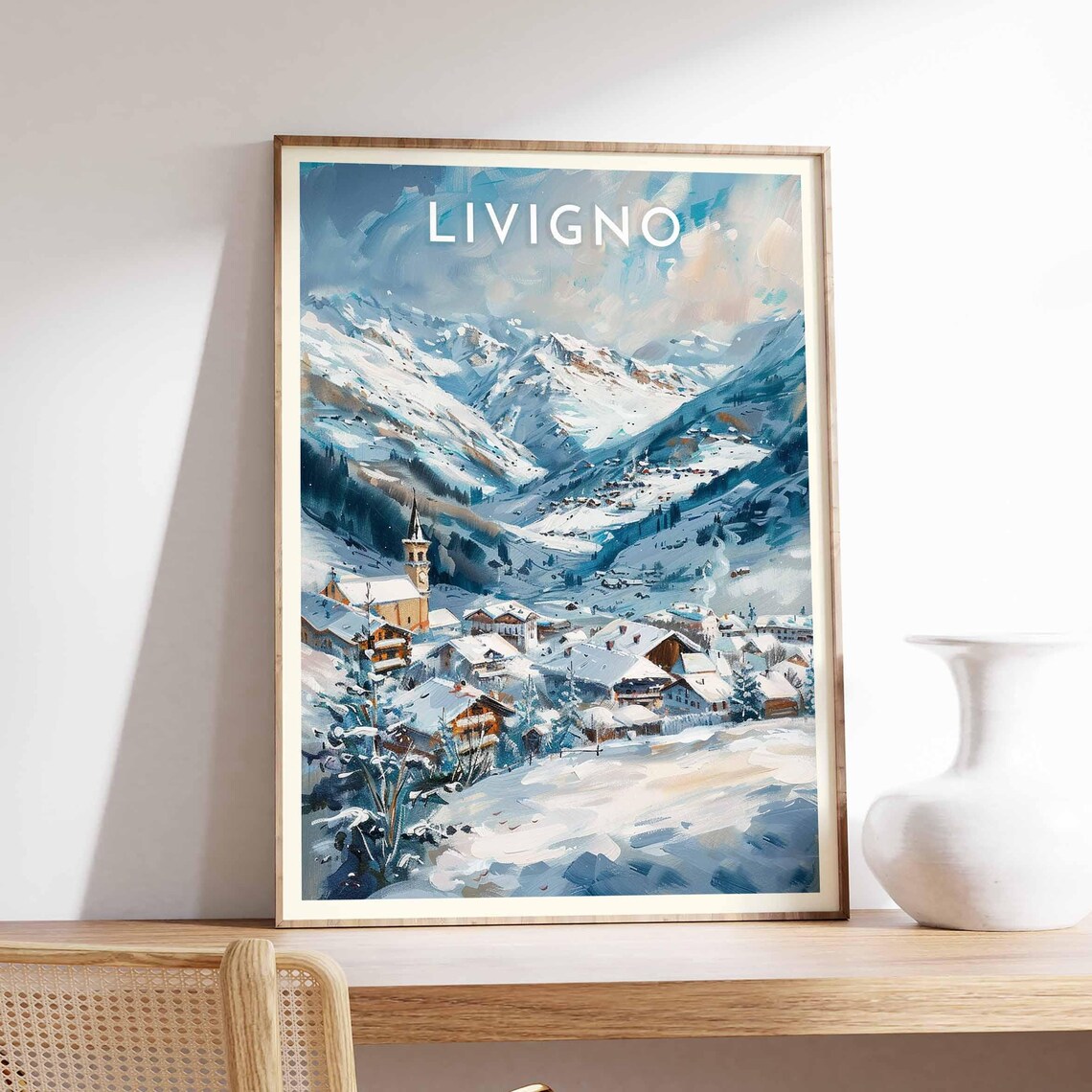 Livigno Italy Vintage Snowy Alps Ski Village Church Tower Poster