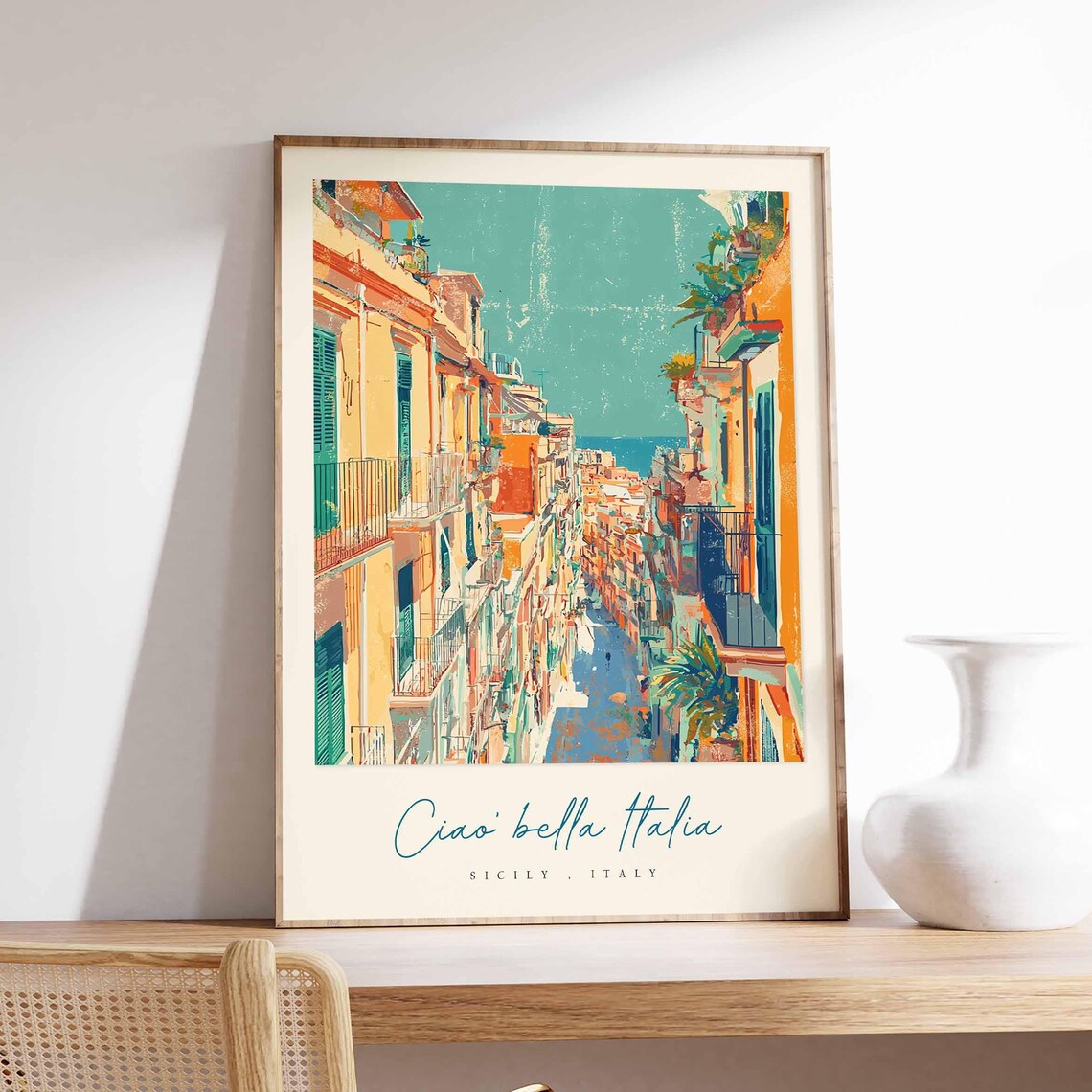 Sicily Italy Street Poster Historic Old Town Lane Balconies To The Sea