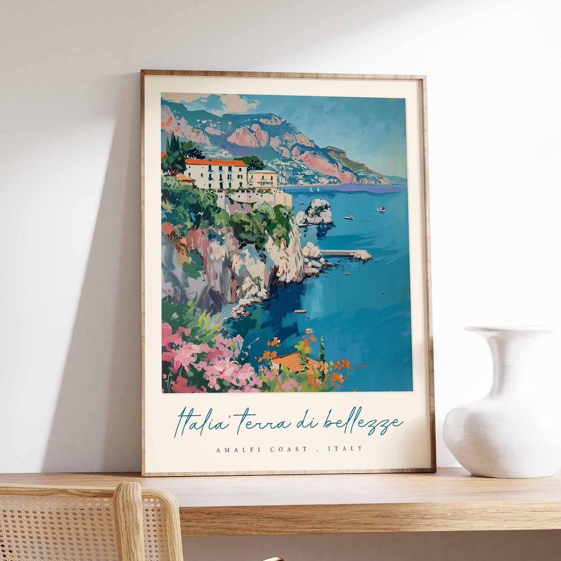 Amalfi Coast Rocky Cliffs Seaside Villa Boats Floral Scenic Poster