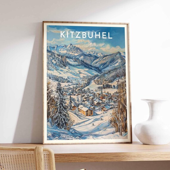 Kitzbuhel Austria Painterly Snowy Village Under Peaks Travel Poster