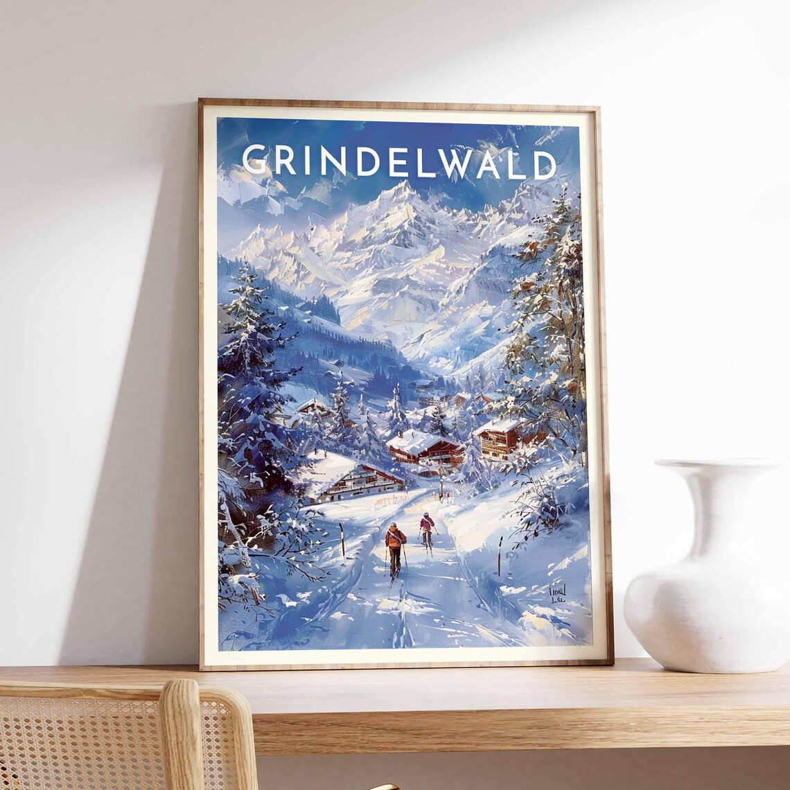 Grindelwald Alpine Winter Skiers Snow Path Village Peaks Poster - Image 2