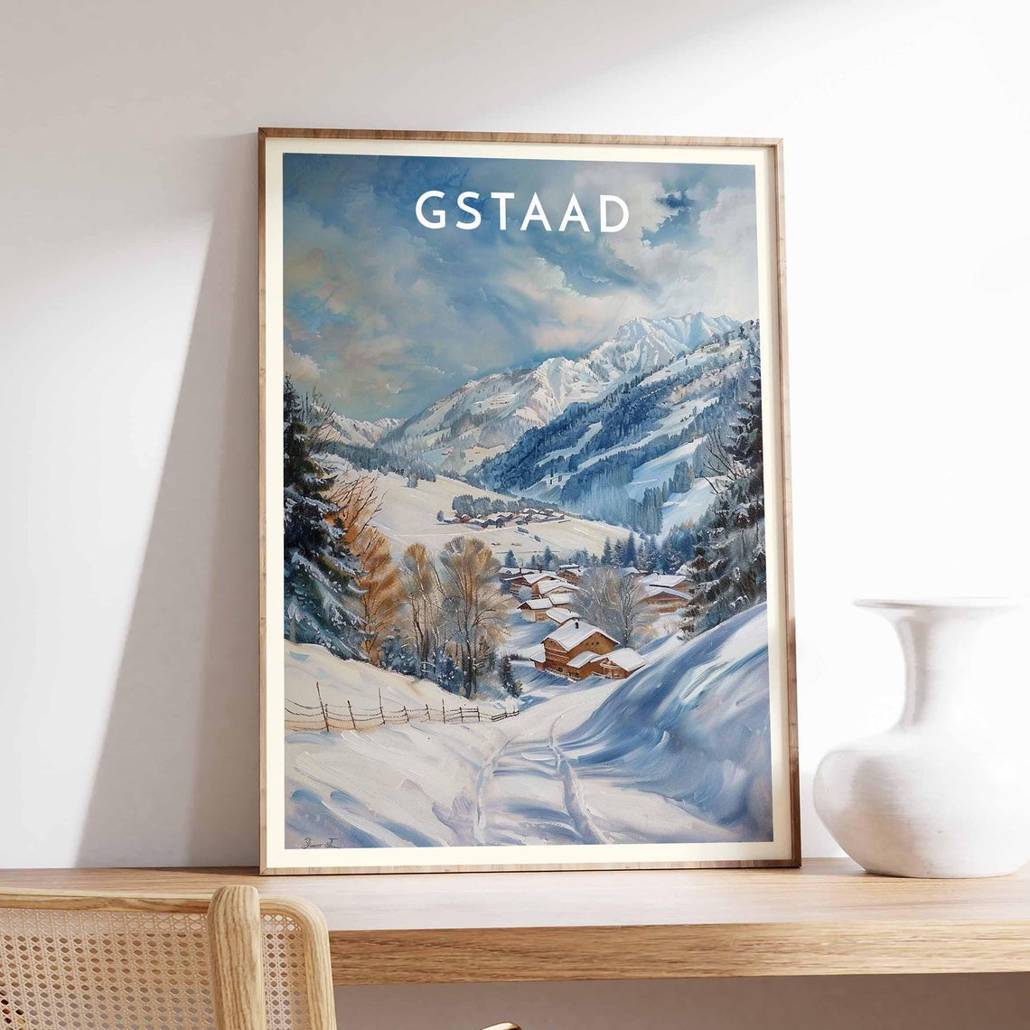 Gstaad Swiss Alpine Snowy Mountain Village Path Winter Poster