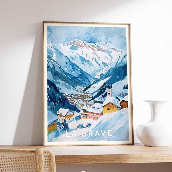 La Grave Village Church Poster with Bell Tower and Snowy Peaks