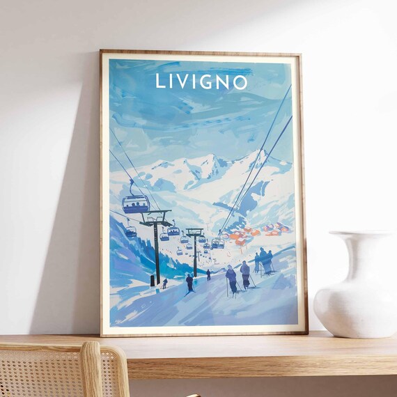 Livigno Gondola Chairlift Blue Snowy Peaks Mountain Scene Poster