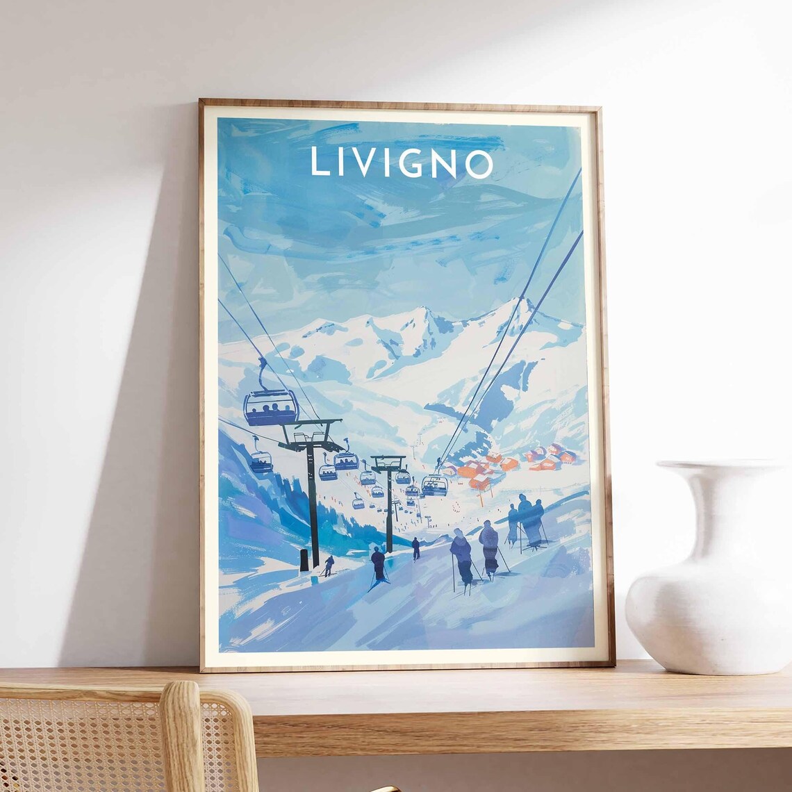 Livigno Gondola Chairlift Blue Snowy Peaks Mountain Scene Poster
