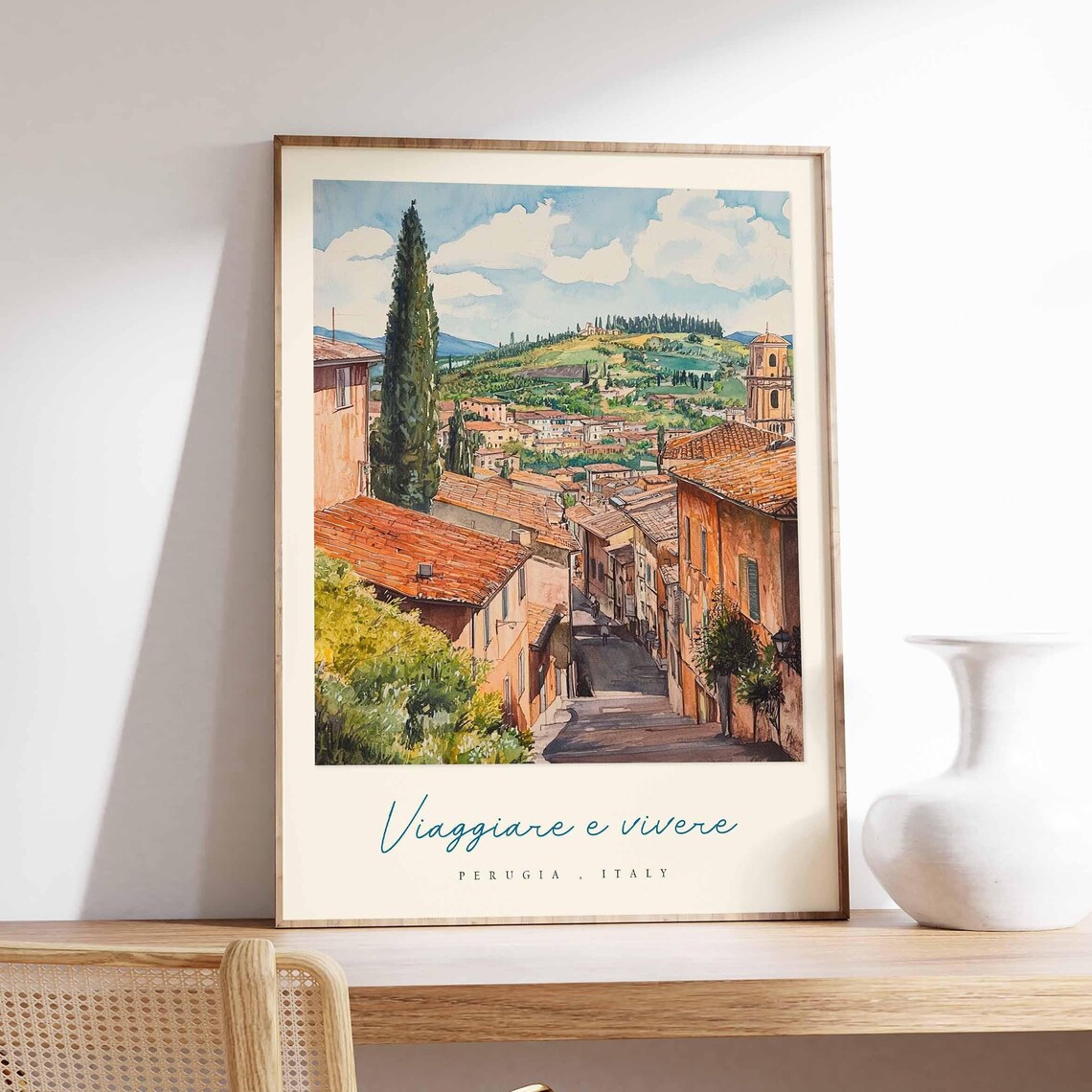 Perugia Hill Town Cypress Bell Tower Watercolor Italy Travel Poster
