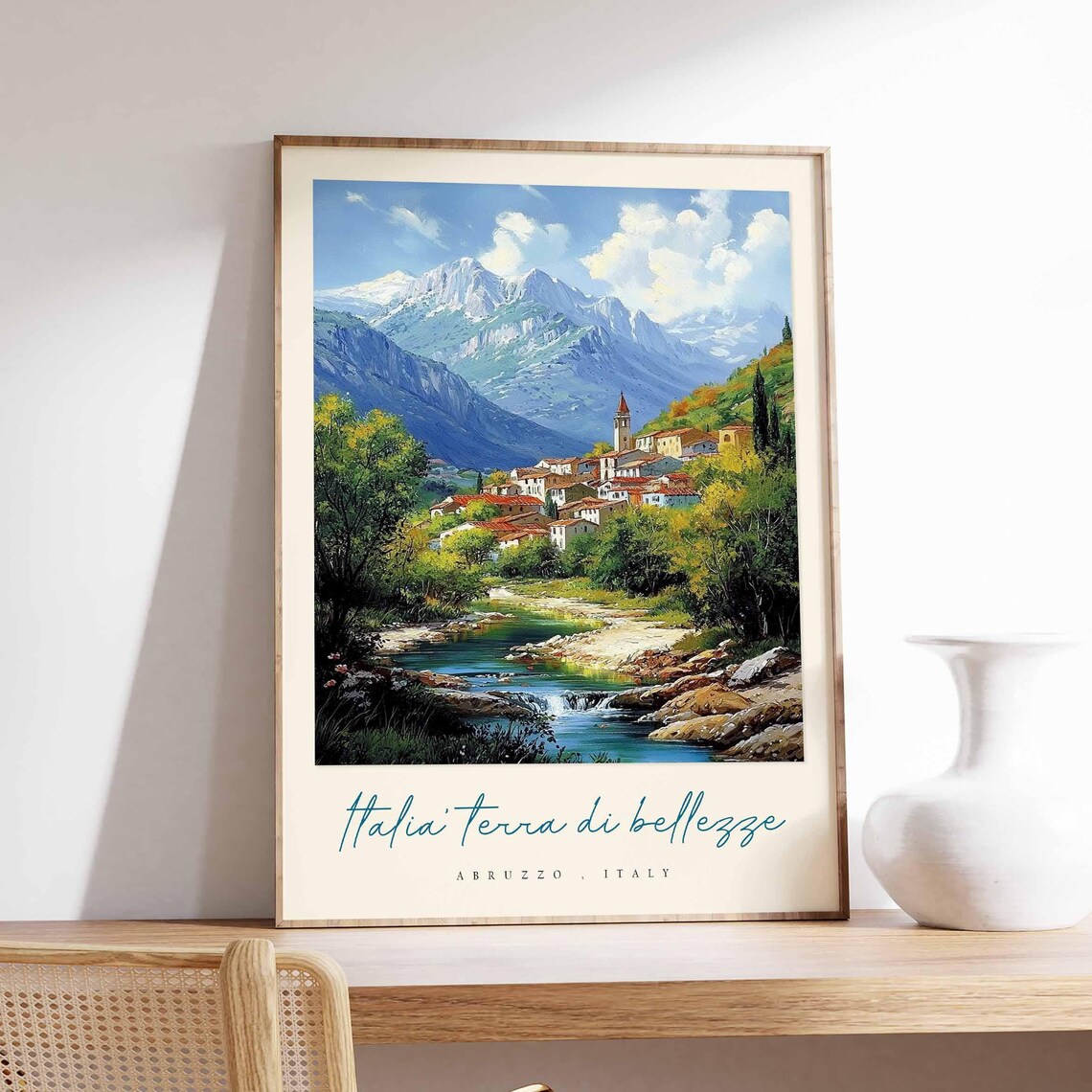 Abruzzo Village River Snow Peaks Church Spire Scenic Travel Poster