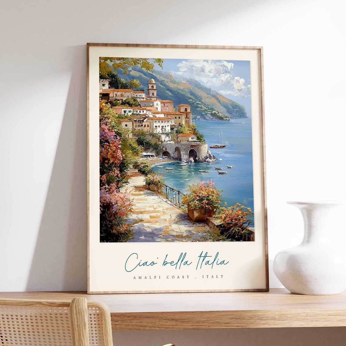 Ciao Bella Italia Amalfi Coast Flower Path Seaside Travel Poster