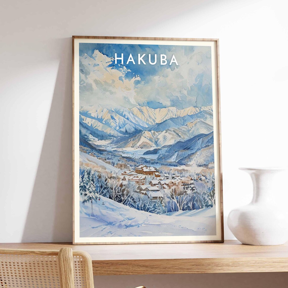 Hakuba Japan Watercolor Valley Panorama Mountain Scene Poster