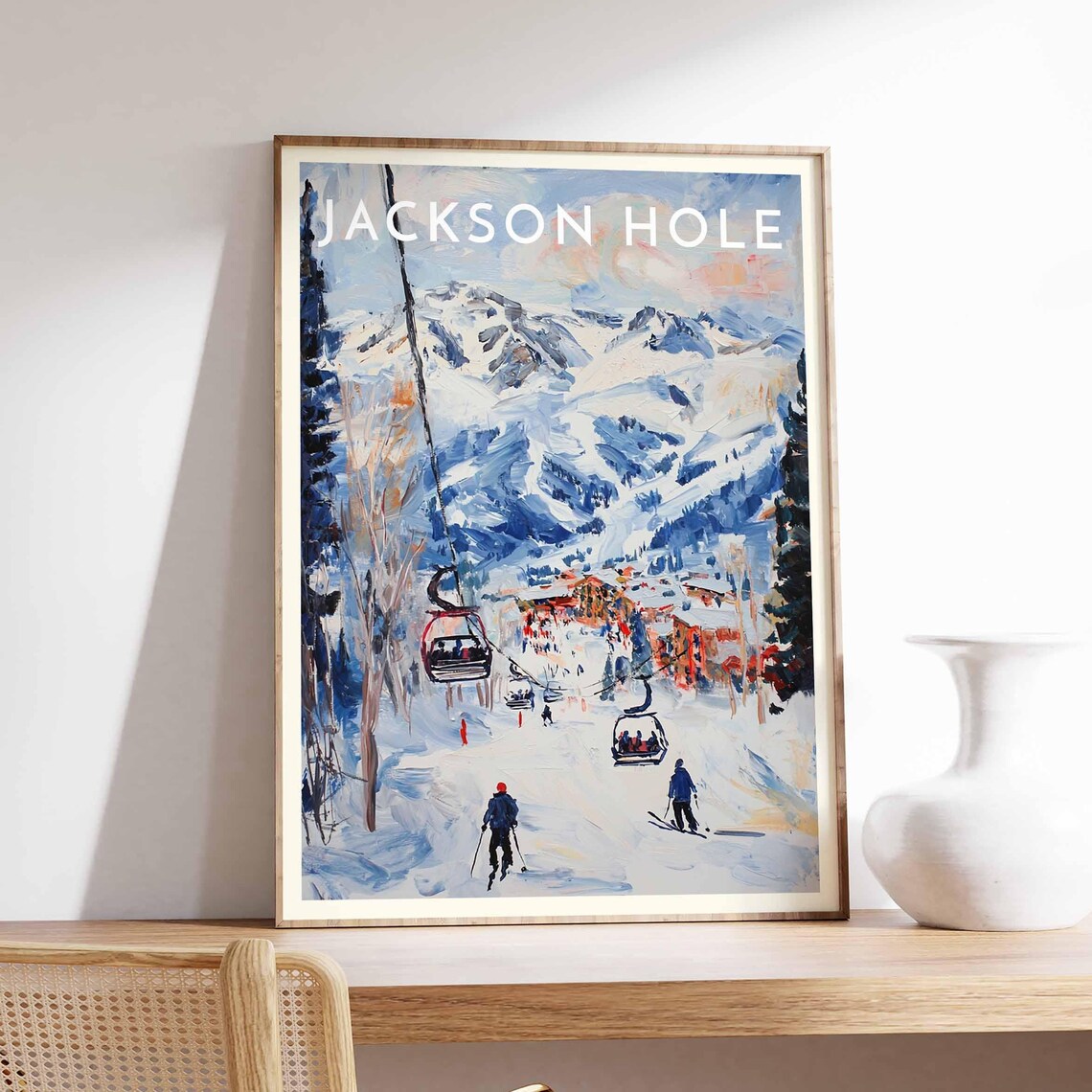 Jackson Hole Wyoming Painterly Gondola Skiers Village Travel Poster - Image 2