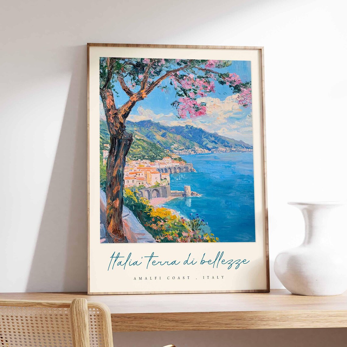 Amalfi Coast Italy Cliffside Town Blossom Tree Coastal Poster