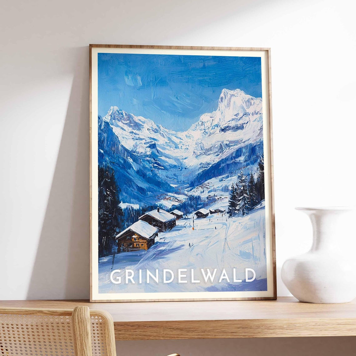 Grindelwald Alpine Snowy Valley Wooden Chalets Peaks Winter Poster