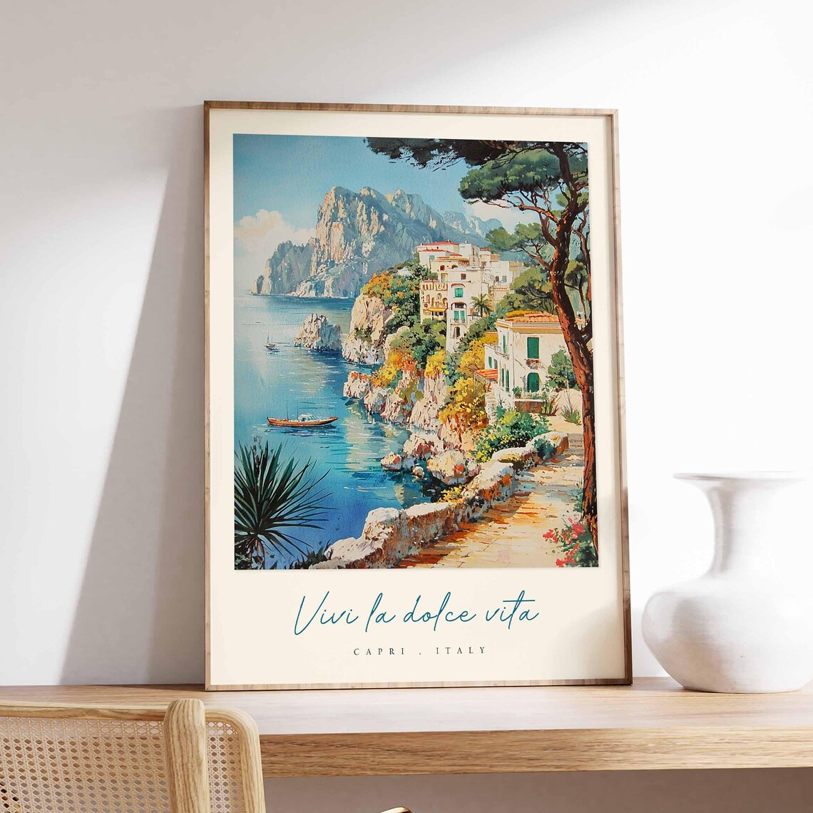 Capri Italy Vivi la Dolce Vita Cliffside Village Watercolor Poster
