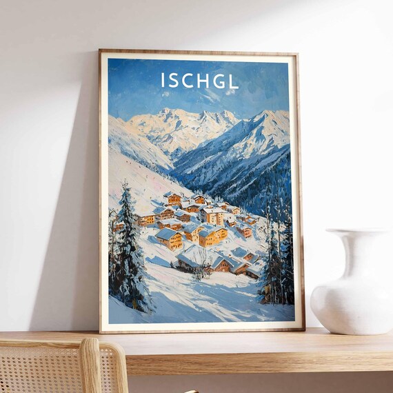 Ischgl Austria Alpine Village Poster with Golden Chalets in Snow