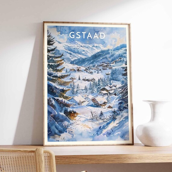 Gstaad Swiss Alpine Winter Village Blue Twilight View Poster