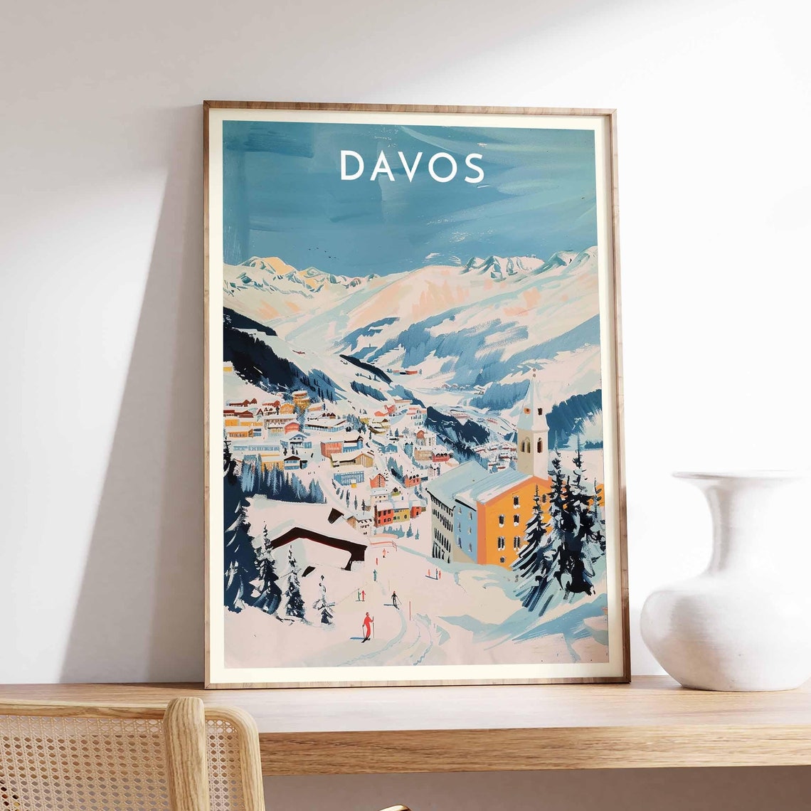 Davos Pastel Alpine Town Church Steeple Skiers on Fresh Snow Poster