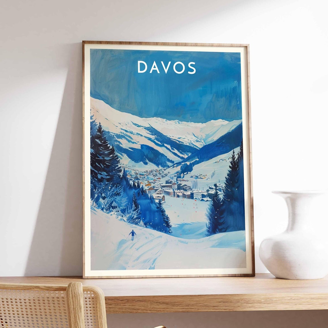Davos Blue Valley Lone Skier on Fresh Powder Peaceful Winter Poster