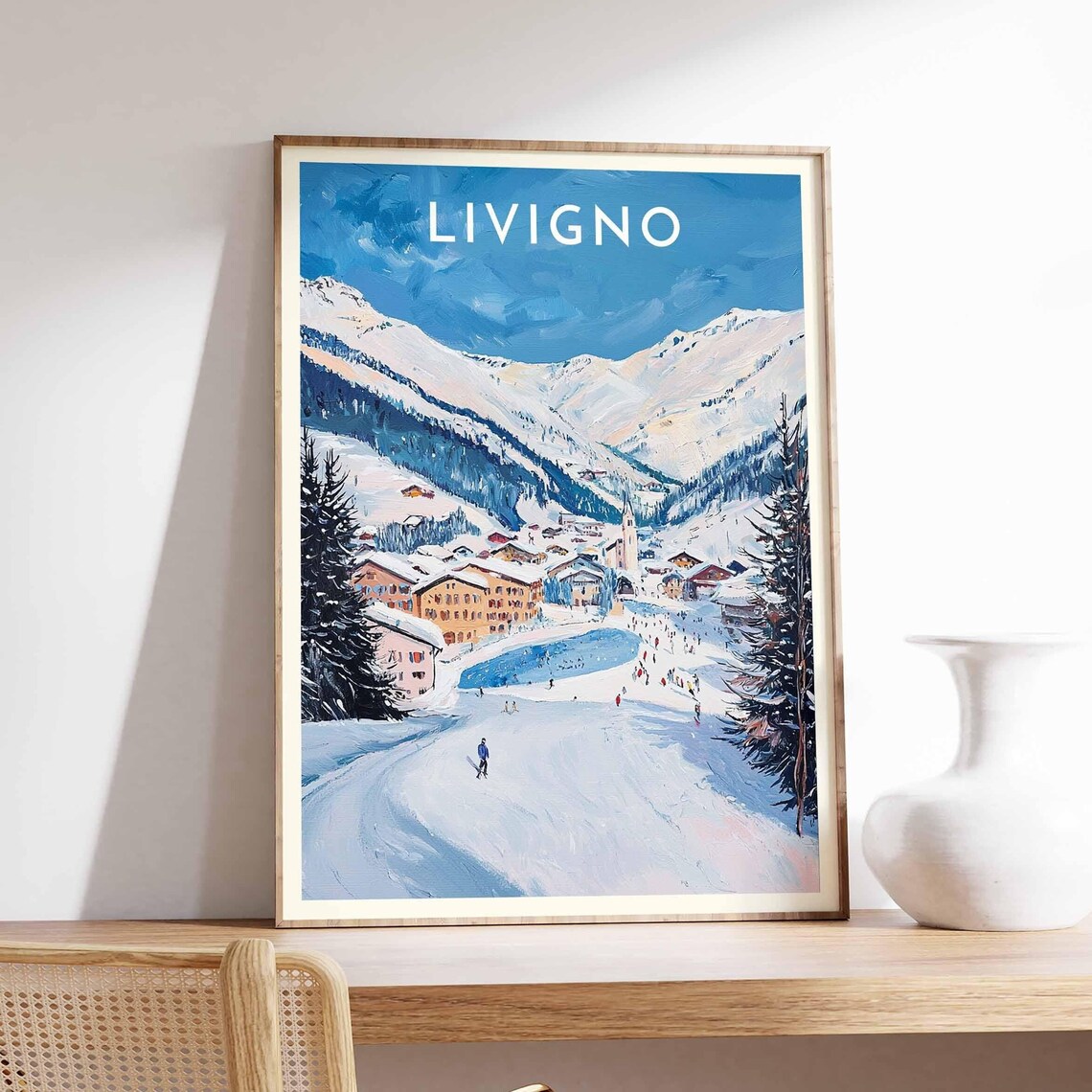 Livigno Italy Alpine Village Blue Peaks Winter Travel Poster