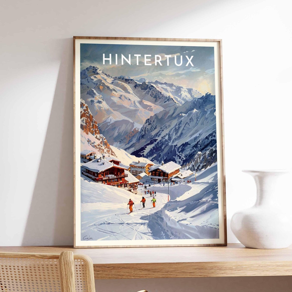 Hintertux Austria Painterly Skiers Below Mountain Peaks Travel Poster