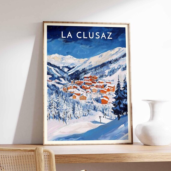 La Clusaz Orange Chalet Village Poster under Bright Blue Sky